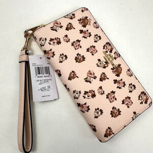 Coach Long Zip Around Wallet in Canvas Rosette Print Gold/Blush Multi CZ329 NWT